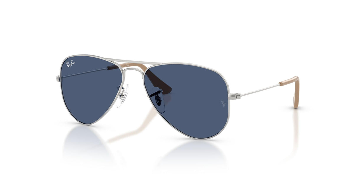 Ray-Ban aviator sunglasses, dark blue lenses and silver frame with straight metal temples