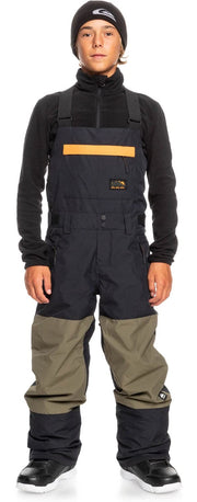 Boys' insulated snowboard bib overalls, dark top with olive legs and orange trim