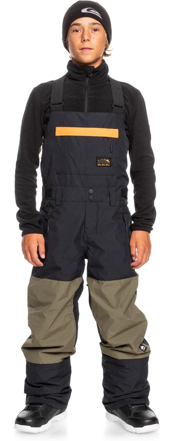 Boys' insulated snowboard bib overalls, dark top with olive legs and orange trim