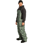 Men's snowboard bib pants, camo green with black hooded overlay and side pocket