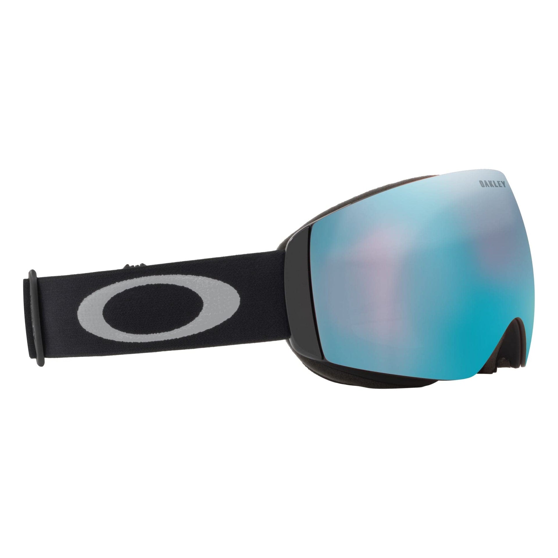 Oakley snow goggle with black strap and blue mirrored Prizm lens, close side angle.