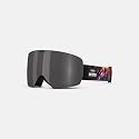 Snow goggles with dark smoke lens, gray frame, and adjustable strap