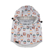 Bonded head hood in white with multicolor geometric print, padded gray interior