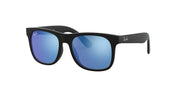 Ray-Ban Justin RJ9069S sunglasses, black frame with blue reflective lenses, angled