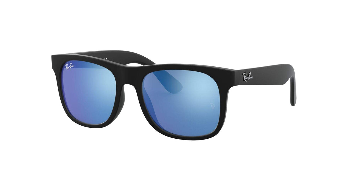 Ray-Ban Justin RJ9069S sunglasses, black frame with blue reflective lenses, angled