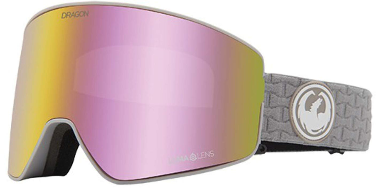 Purple mirrored snow goggles with yellow-to-pink lens tint, gray strap, and DRAGON logo.