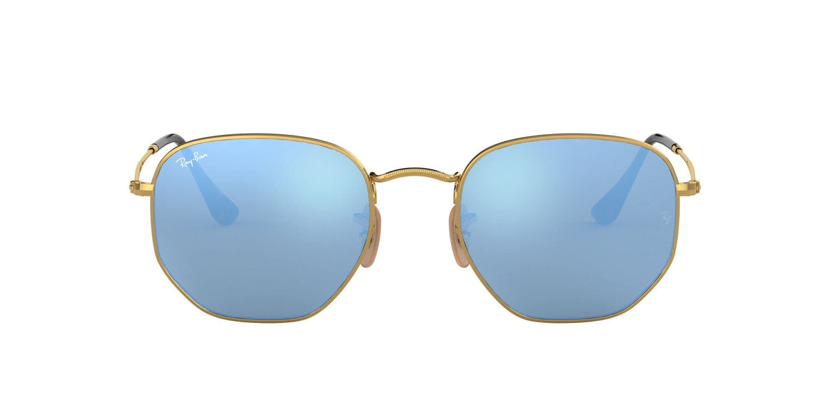 Ray-Ban hexagonal flat sunglasses with gold frame and blue mirrored lenses
