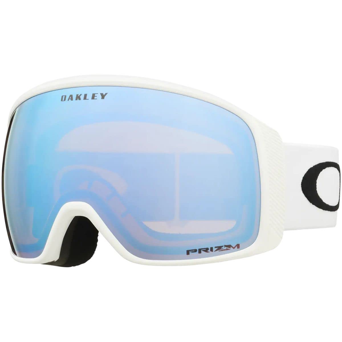 Oakley snow goggles with light blue Prizm lens, white frame and black side marking.
