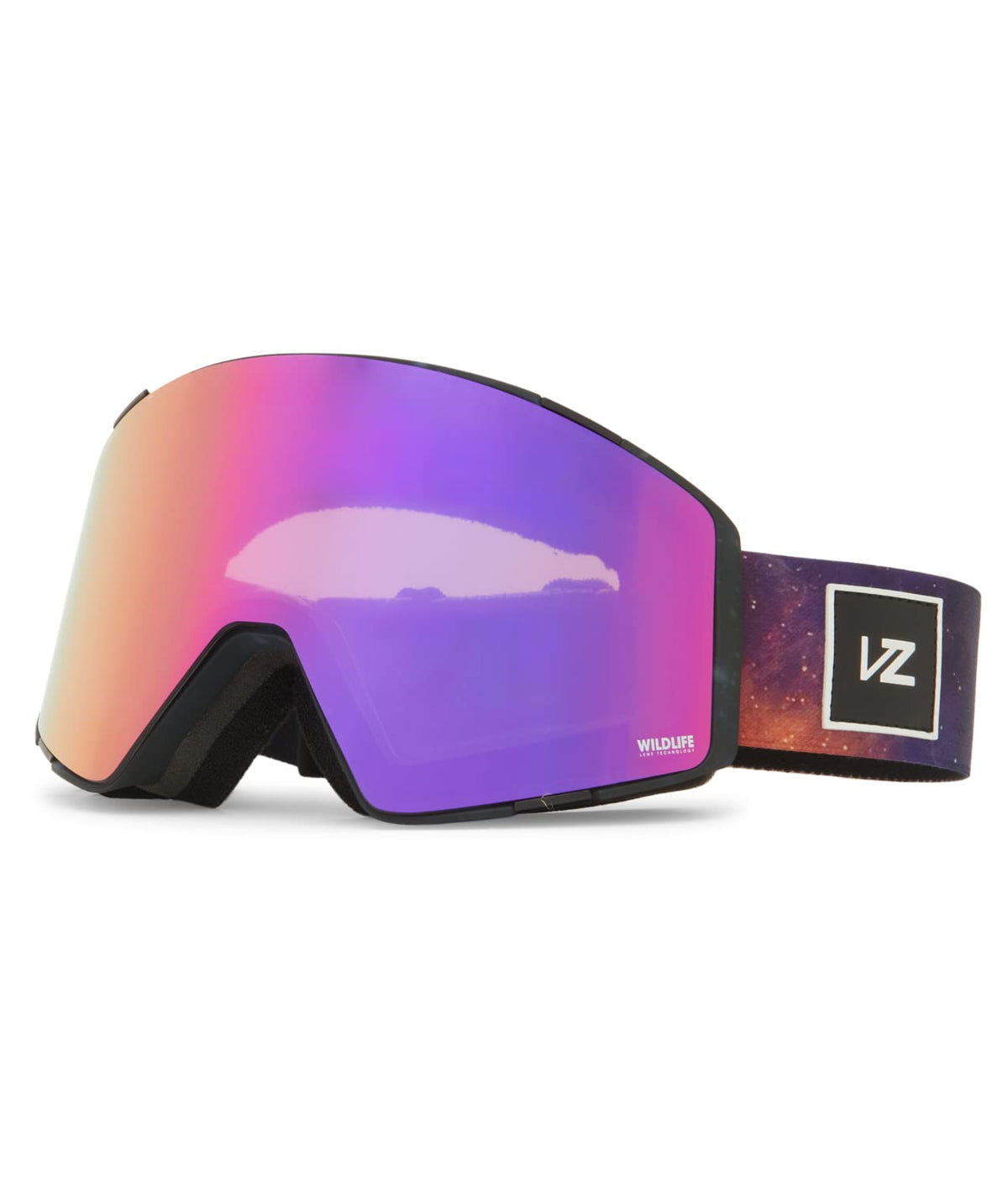 Snow goggles with purple mirrored lens, black frame, dark strap with VZ patch