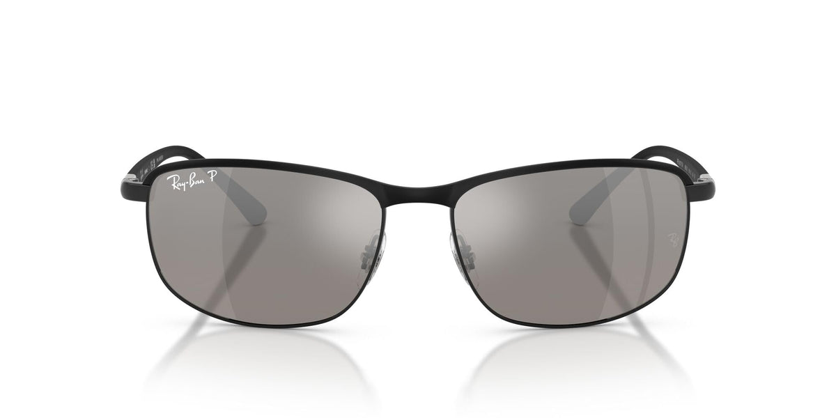 Black full-rim sunglasses with dark grey mirrored lenses