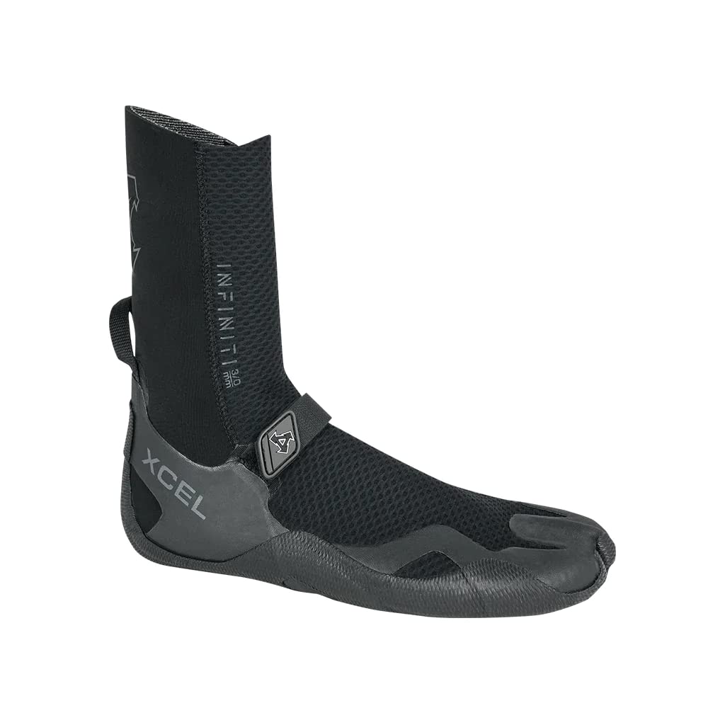Black round-toe swim boot with textured upper and ankle pull tab, XCEL logo patch