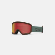 Snow goggles, chocolate-brown frame, red lens, green namuk strap
