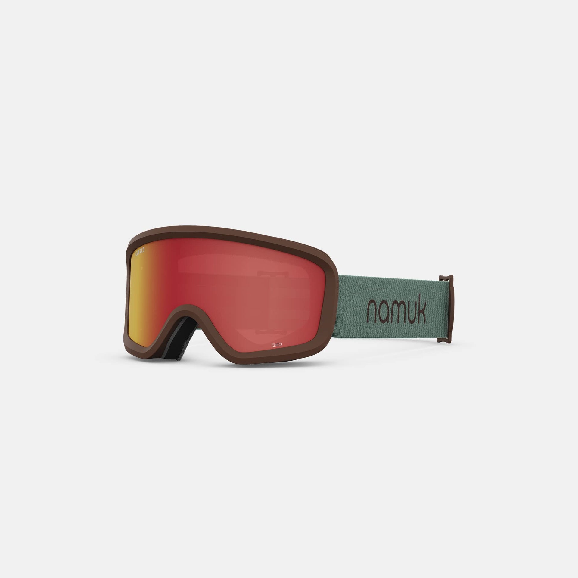 Snow goggles, chocolate-brown frame, red lens, green namuk strap