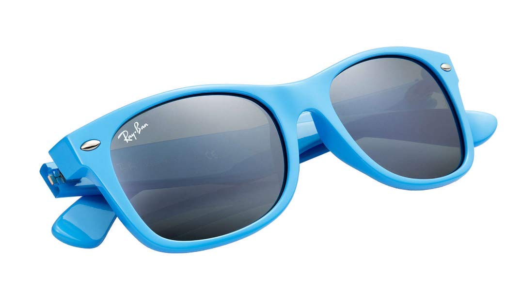Ray-Ban Wayfarer sunglasses with blue frame, dark lenses, side profile temples.
