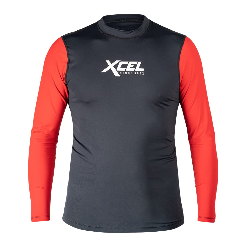 Men's long sleeve rashguard, black body with red sleeves and XCEL logo