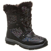 Kids lace-up winter boots with faux fur cuff, dark patterned upper, black side panels, lug sole