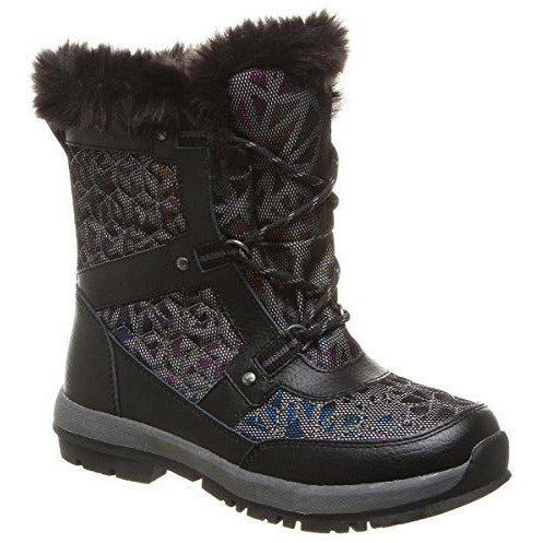 Kids lace-up winter boots with faux fur cuff, dark patterned upper, black side panels, lug sole