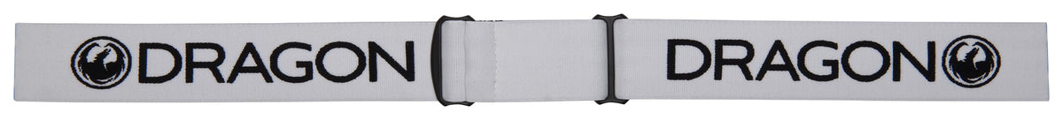 Adjustable white strap for snow goggles with DRAGON branding on both ends