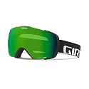 Snow goggles with green lens and black frame, side strap with logo