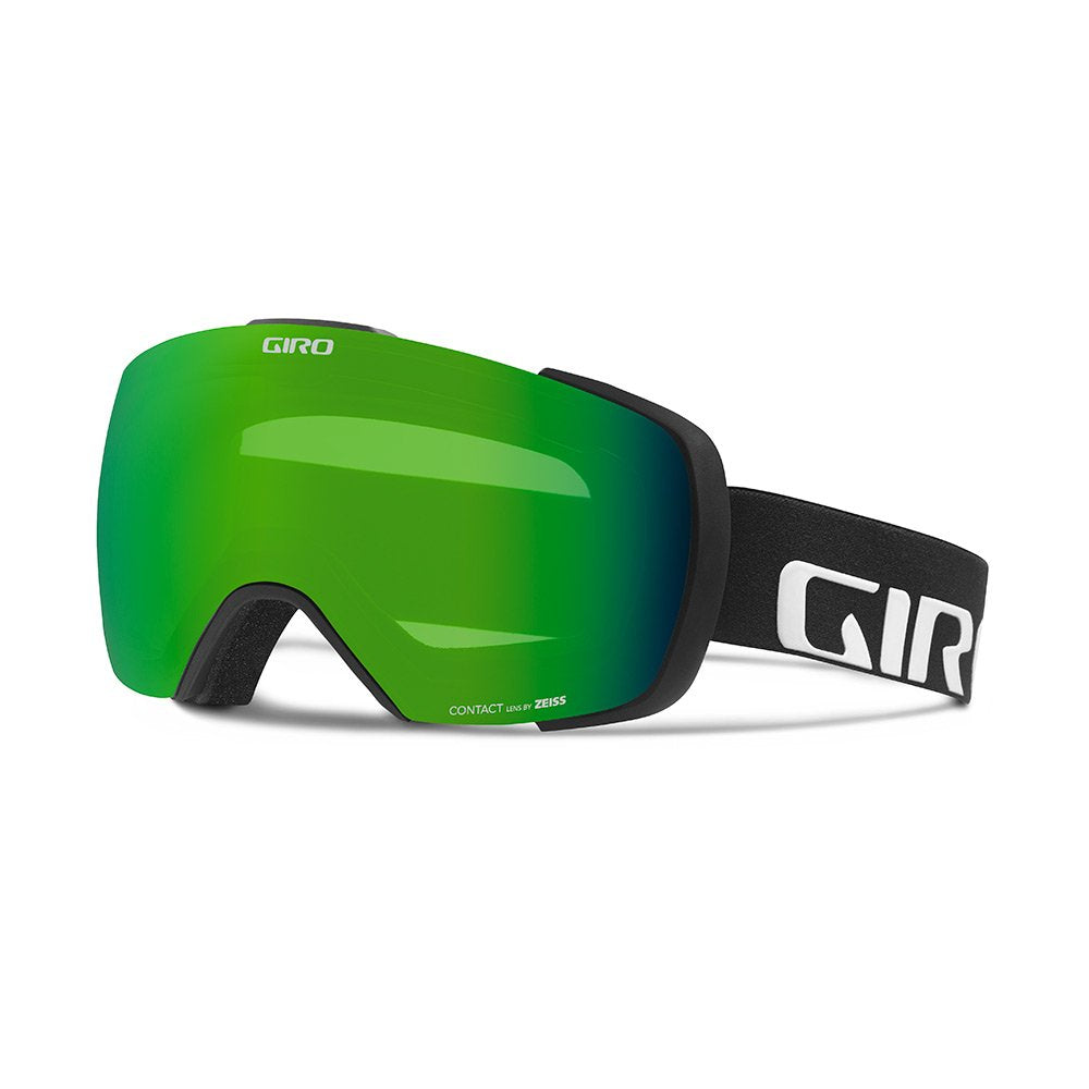 Snow goggles with vivid green mirrored lens and black frame, wide strap logo