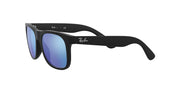 Ray-Ban Justin RJ9069S sunglasses, black frame, side view with blue reflective lenses