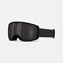 Black snow goggles, side view, dark mirrored lens with black strap