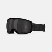 Black snow goggles with dark mirrored lens and black elastic strap