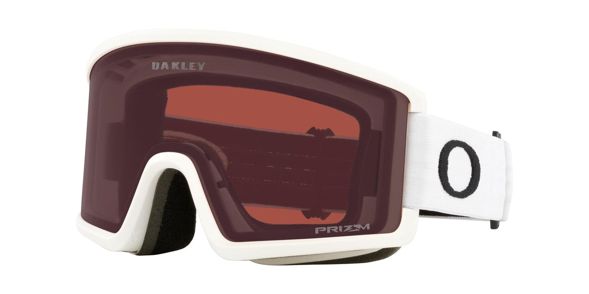 Snow goggles with white frame, red-tinted mirrored lens, and white strap