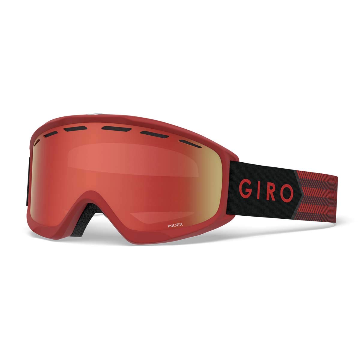 Dark red ski goggles with red tinted lens and adjustable strap, OTG style