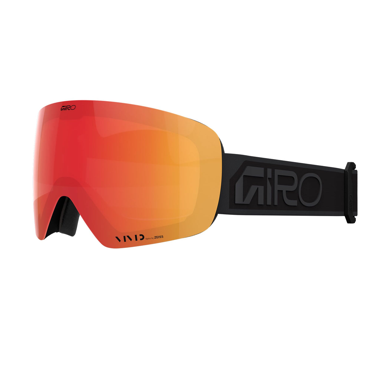 Red-orange mirrored snow goggles with black frame and Giro-logo strap