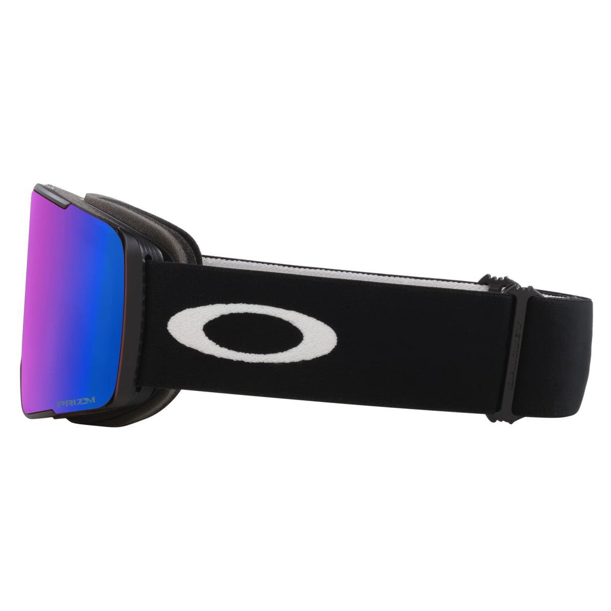 Snow goggle side view with black strap and Prizm lens with purple reflection