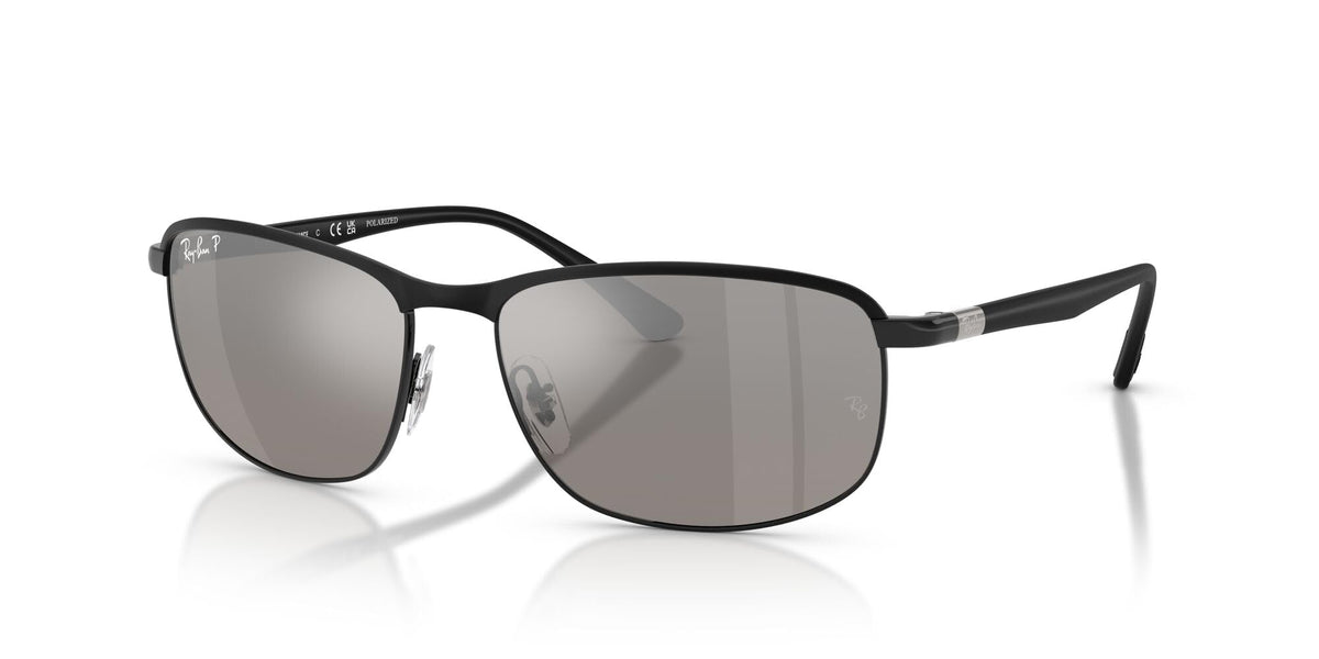 Black full-rim sunglasses with dark grey lenses, side temple view