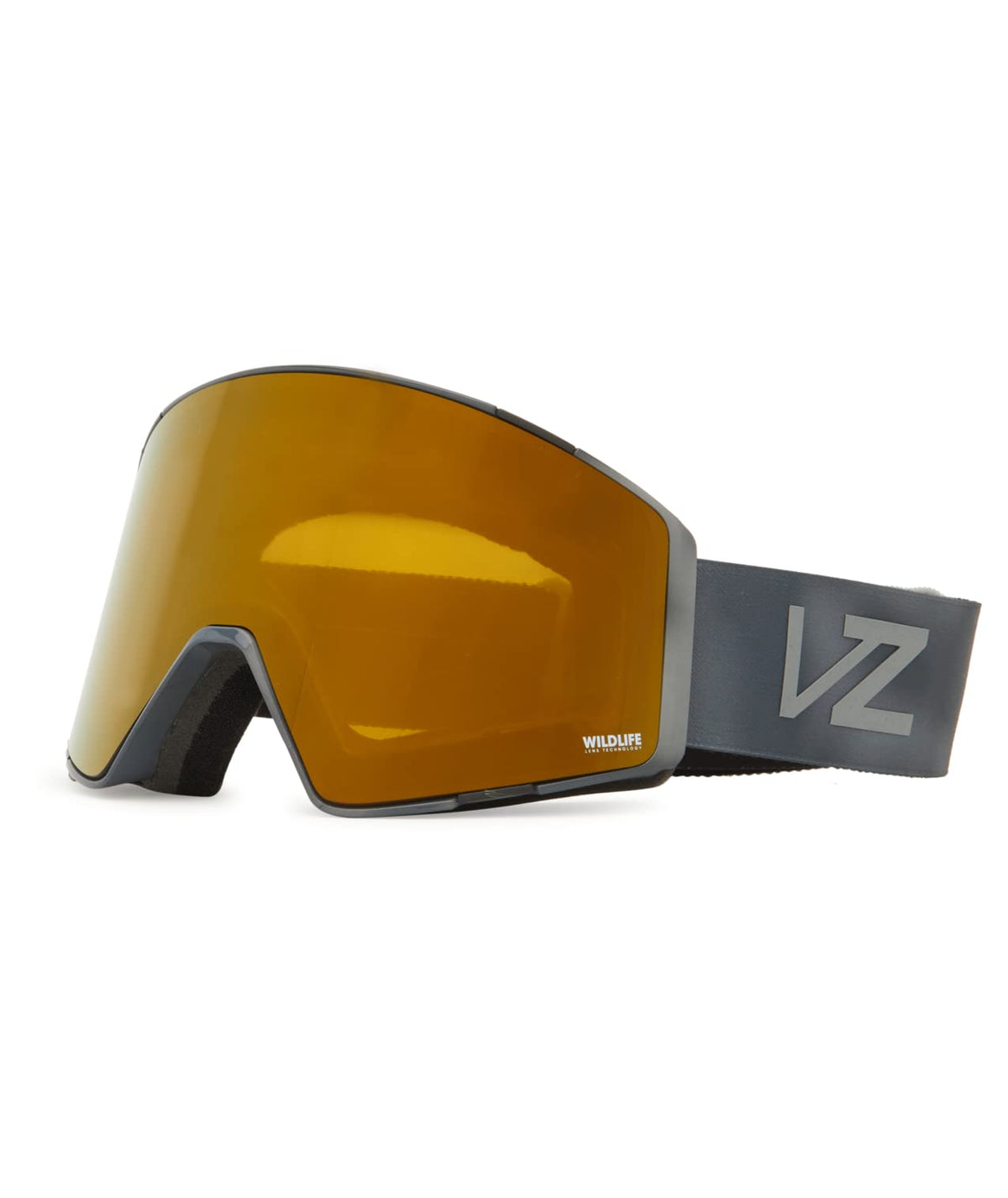 Snow goggles with gold mirrored lens, gray frame, black strap with VZ lettering