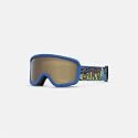 Blue snow goggles, side view; amber-tinted lens and patterned strap
