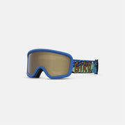 Blue snow goggles with amber-tinted lens and patterned strap
