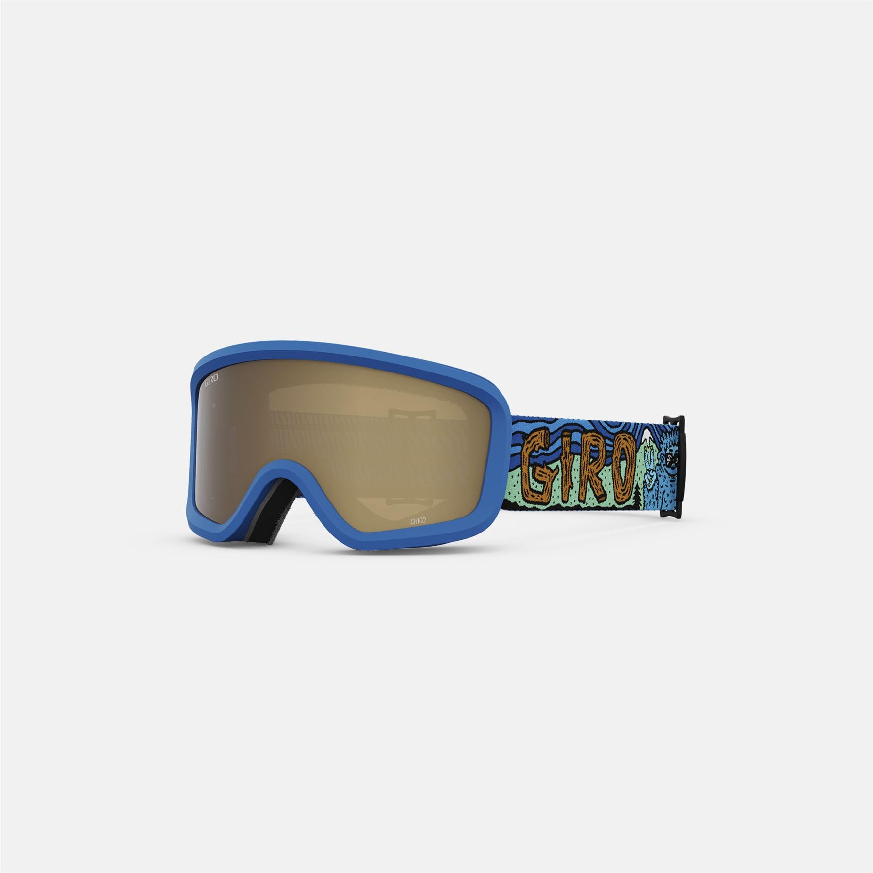 Blue snow goggles with amber-tinted lens and patterned strap