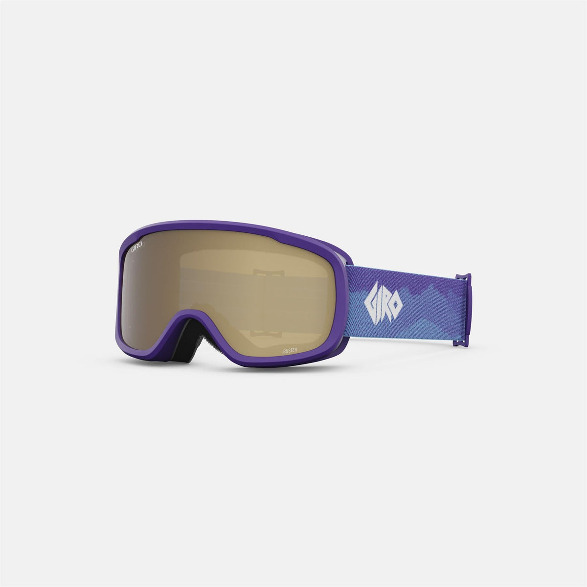 Purple snow goggles with amber lens and geometric brand logo strap