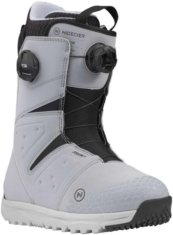 Nidecker women's snowboard boots in light gray with BOA dial and side strap