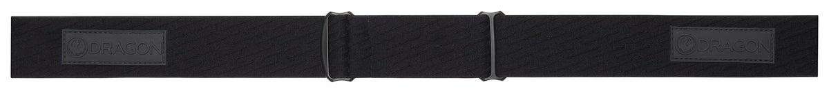 Black goggle strap with rectangular DRAGON patch and adjustable buckle tabs.