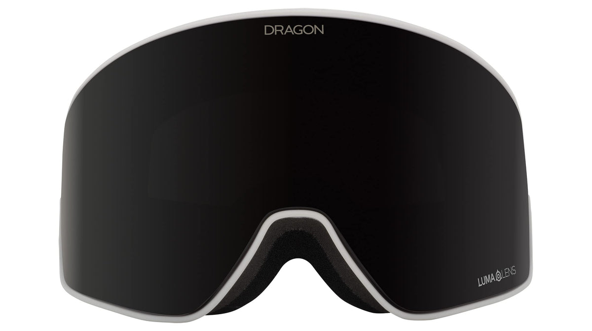 Snow goggles with black lens and white frame trim, DRAGON logo