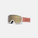 White snow goggles, side view, amber lens and small namuk orange strap