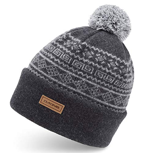 Dark gray beanie with ribbed cuff, fair isle pattern knit, pom-pom, Dakine patch.