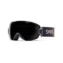 Black snow goggles with SMITH logo strap and dark lens, side view