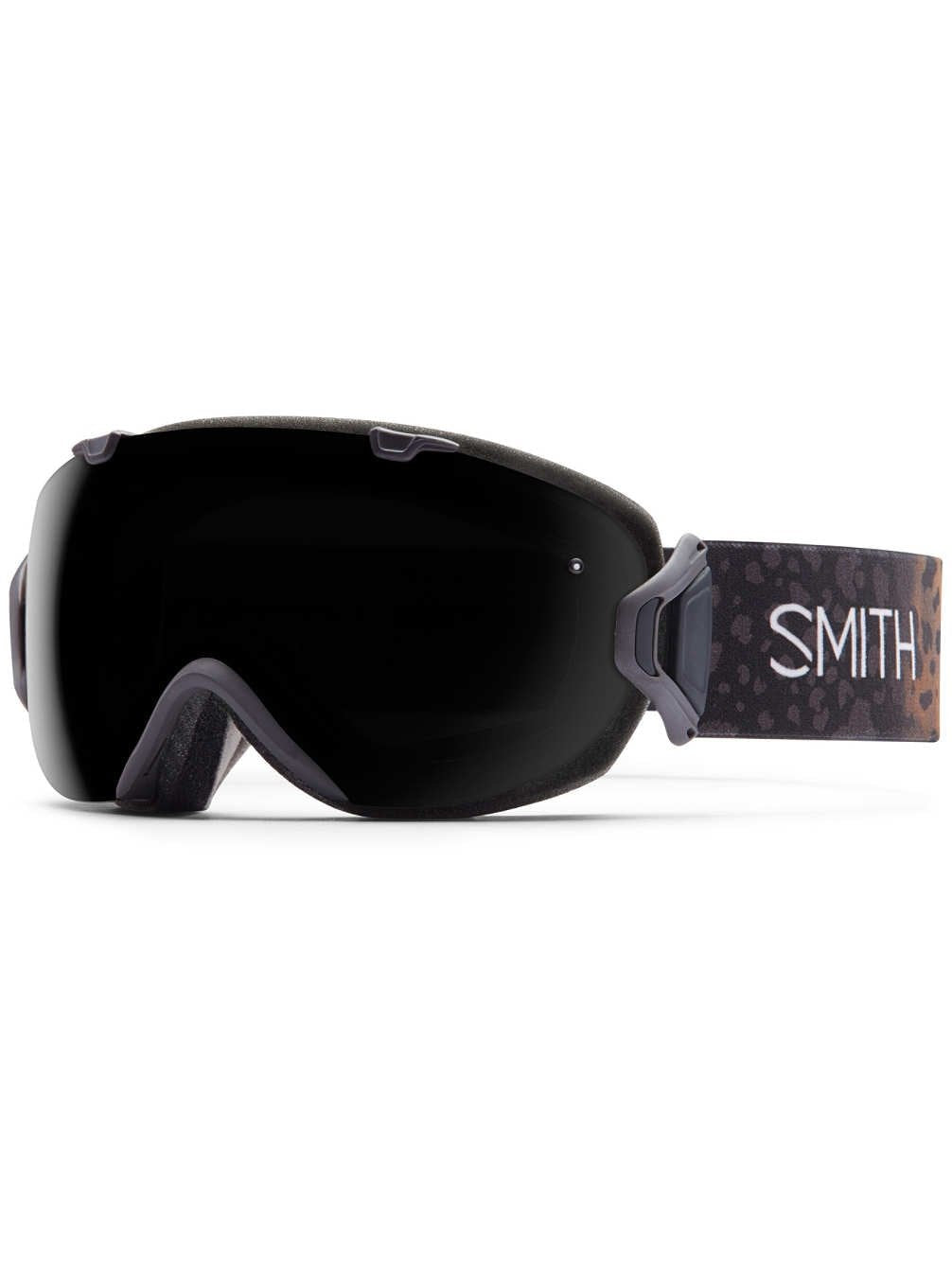 Black snow goggles with SMITH logo strap and dark mirrored lens
