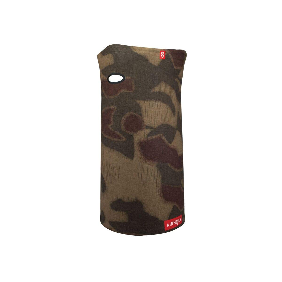 Dark brown camo face covering with oval mouth opening and small AIRHOLE logo