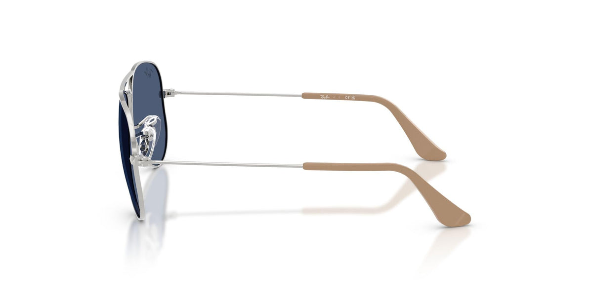 Ray-Ban metal aviator sunglasses showing side profile and dark blue lens