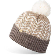 Women’s knit beanie with speckled pattern, cream pom-pom, and tan logo patch