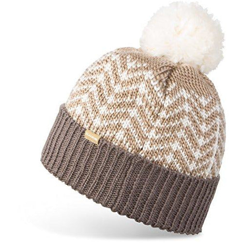 Women’s knit beanie with speckled pattern, cream pom-pom, and tan logo patch