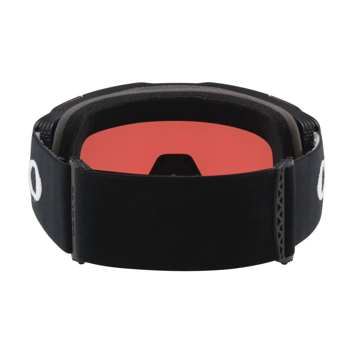 Snow goggle backside view with matte black strap and red reflective lens