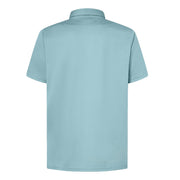 Men's light teal blue polo shirt, back view with short sleeves and collar